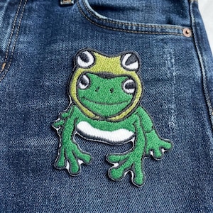Frog in a Frog Hat Iron On Patch - Cute Double Froggy Embroidered Badge - Kawaii Frog Hat Accessory for Jackets, Bags, Hats