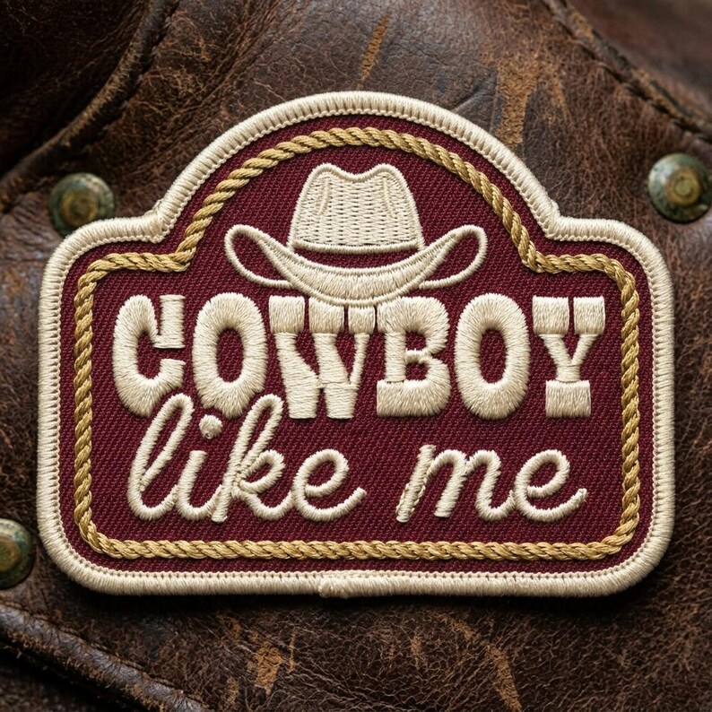 May include: Embroidered patch with the words "COWBOY like me" in cream-colored thread on a burgundy background. The patch features a cowboy hat design and a gold rope border, set against a textured brown leather surface.