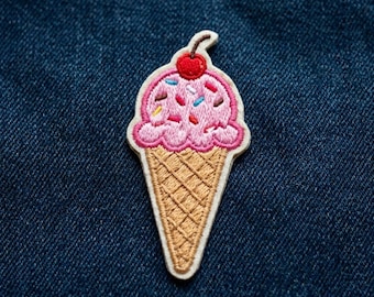 Pink Strawberry Ice Cream Patch - Cute Sweets Iron On Badge - Kawaii Food Embroidered Applique for Jackets, Backpacks, Bags - Summer Gift