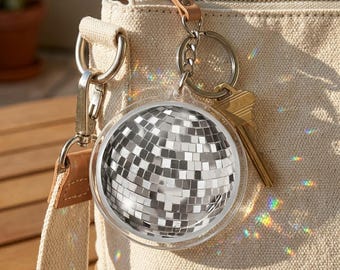 Silver Disco Ball Acrylic Keychain, Retro 70s Party Keyring, Sparkly Mirror Ball Bag Charm, Groovy Disco Aesthetic Accessory