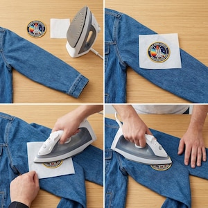 May include: A denim jacket with a colorful patch featuring a rocket and the text "Mission Space Station". An iron and a piece of fabric are next to the jacket. The patch is being ironed onto the jacket.