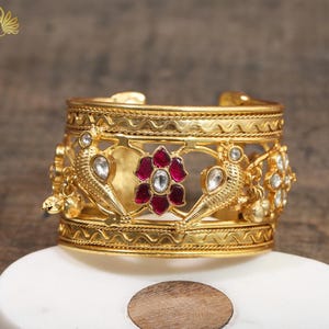 Gold Pachi Kundan Kada Bracelet | Bird Motif Open Cuff Bangle with Ghungroos | Indian Jewelry