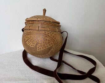Vintage Hand-Carved Gourd Canteen Purse | Folk Art Crossboody Bag