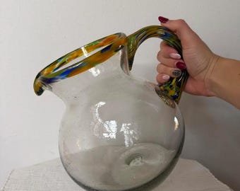 Mexican Hand-Blown Glass Pitcher | Vibrant Artisan Crafted Jug