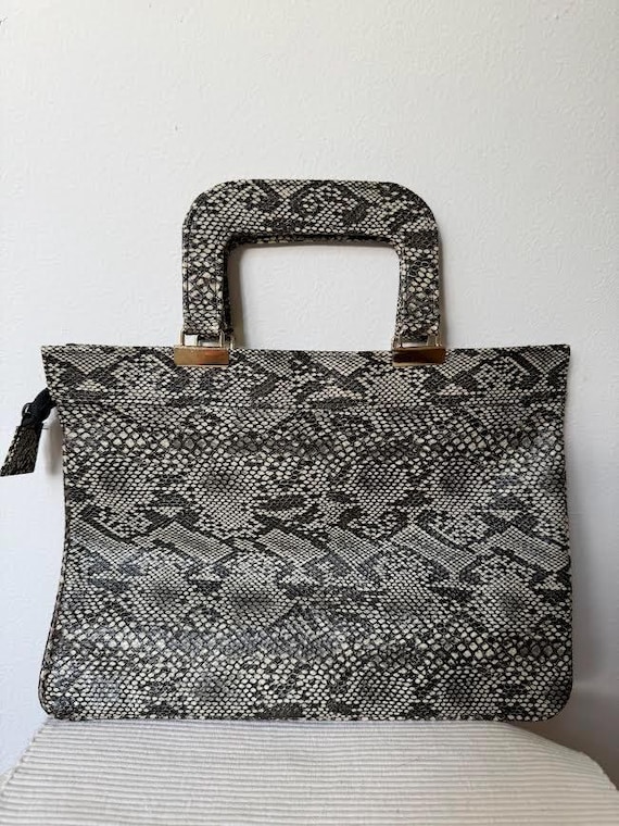 Vintage Snakeskin-Embossed Patchwork Top Handle B… - image 2