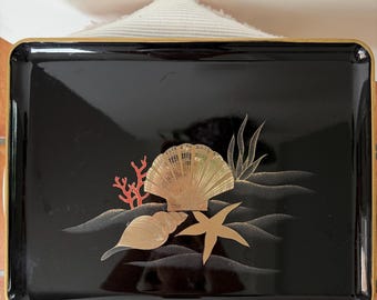 Vintage Japanese Lacquerware Tray | Maki-e Gold & Silver Seashell Motif