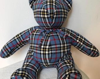 Oso de peluche vintage hecho a mano con cuadros azules / Peluche estilo campestre de los años 80