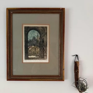 May include: Framed vintage print of an architectural scene, featuring an arched gateway and buildings. The print is in a brown wooden frame with a gray mat. A small air plant is mounted on a piece of wood to the right of the frame.