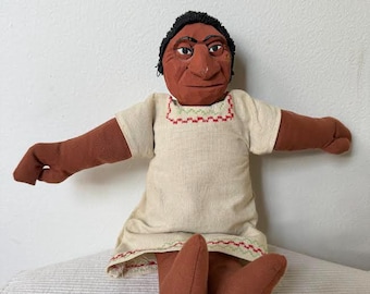 Vintage Hand-Carved Wood Head Doll | Latin American Folk Art | Guatemalan Cloth Figurine