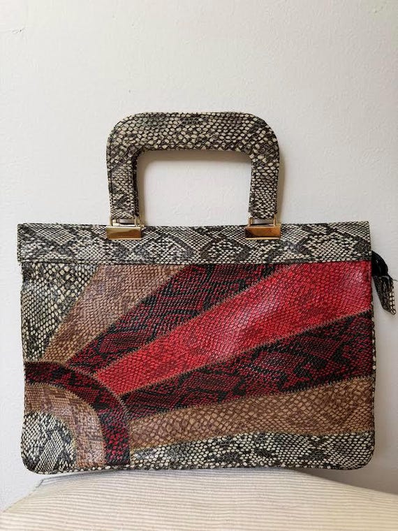 Vintage Snakeskin-Embossed Patchwork Top Handle B… - image 1