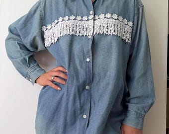 Vintage 90s At Last New York Denim Shirt with Floral Lace Inset