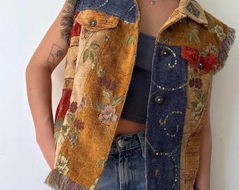 Vintage 90s Tapestry Patchwork Vest with Fringe | D.D. N.Y. Earth Tone Vest