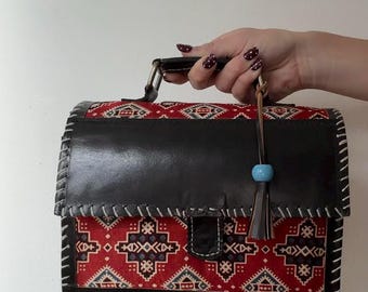 Artisan Kilim Woven Handbag with Leather Trim | Southwestern Red Geometric Box Bag