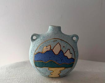 Signed Linda Hemmer 1991 Studio Pottery Case | Mountain Scene Vase