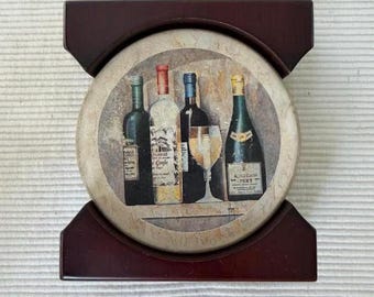 Vintage Wine Bottle Coaster Set with Dark Wood Holder | Set of 3 Stone Coasters