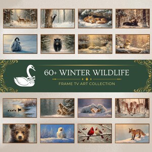 May include: A collection of framed art prints featuring winter wildlife scenes. The images depict various animals in snowy landscapes, including deer, foxes, bears, and birds. The banner reads "60+ WINTER WILDLIFE FRAME TV ART COLLECTION."