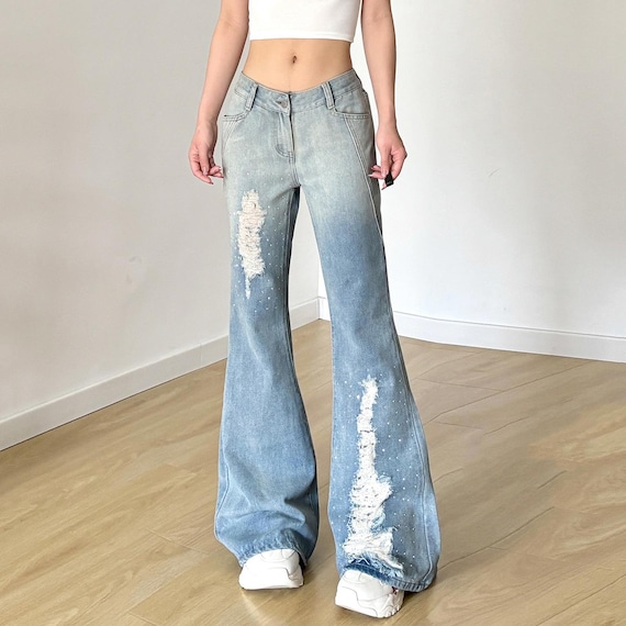 Croc Trim Bleached flare Denim Pants Y2K Bleach Dipped Flares by 