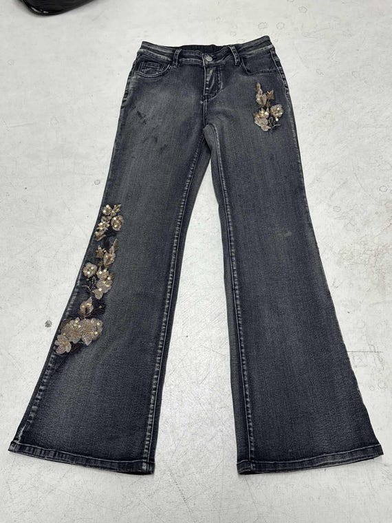 Vintage Black Floral Embroidered Flare Jeans – Y2K Wide Leg - Etsy