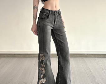 Vintage Black Floral Embroidered Flare Jeans – Y2K Wide Leg