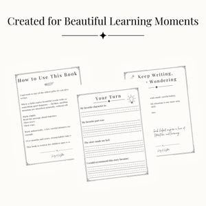 K&ouml;nnte beinhalten: Dreiseitiges Layout eines Schreibhefts f&uuml;r Kinder mit dem Text "Created for Beautiful Learning Moments". Die Seiten enthalten Schreibaufforderungen und dekorative R&auml;nder, mit Text wie "How to Use This Book".