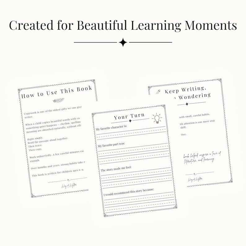 K&ouml;nnte beinhalten: Dreiseitiges Layout eines Schreibhefts f&uuml;r Kinder mit dem Text "Created for Beautiful Learning Moments". Die Seiten enthalten Schreibaufforderungen und dekorative R&auml;nder, mit Text wie "How to Use This Book".