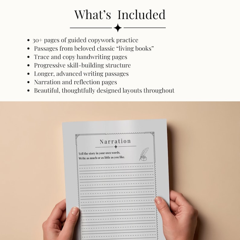 K&ouml;nnte beinhalten: Ein hellgraues Arbeitsblatt mit dem Wort "Narration" oben, gehalten von H&auml;nden. Das Arbeitsblatt hat linierte Bereiche zum Schreiben und einen dekorativen Rand. Der Text "What's Included" befindet sich oben im Bild, mit einer Liste von Funktionen.