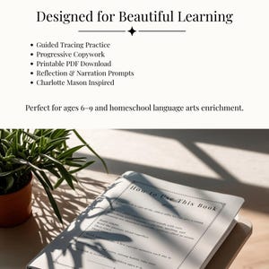 K&ouml;nnte beinhalten: Ein offenes Buch mit dem Titel "How to Use This Book" liegt auf einer Holzoberfl&auml;che, dar&uuml;ber steht der Text "Designed for Beautiful Learning". Das Buch befindet sich neben einer kleinen Topfpflanze. Der Text listet Funktionen f&uuml;r Kinder im Alter von 6-9 Jahren auf.