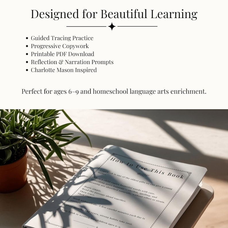 K&ouml;nnte beinhalten: Ein offenes Buch mit dem Titel "How to Use This Book" liegt auf einer Holzoberfl&auml;che, dar&uuml;ber steht der Text "Designed for Beautiful Learning". Das Buch befindet sich neben einer kleinen Topfpflanze. Der Text listet Funktionen f&uuml;r Kinder im Alter von 6-9 Jahren auf.