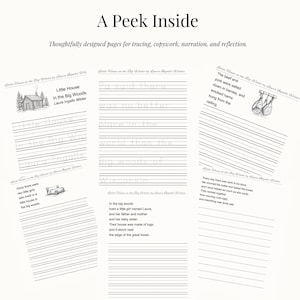 K&ouml;nnte beinhalten: Drei offene Seiten aus einem Kinderarbeitsbuch mit linierten Bereichen zum Schreiben und Illustrationen. Der Text "A Peek Inside" steht oben, mit den Worten "Little House in the Big Woods" auf den Seiten.