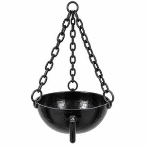May include: A black, bowl-shaped hanging planter with a textured finish. The bowl features a single downward-pointing protrusion at the base and is suspended by three metal chains that converge at a single circular ring at the top for hanging.