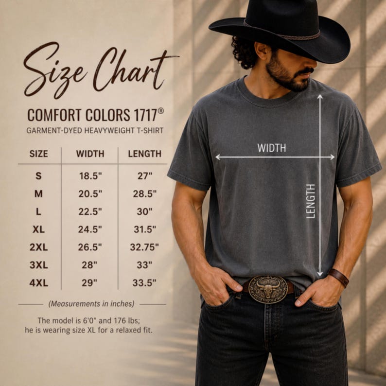 May include: A size chart for Comfort Colors 1717 garment-dyed heavyweight t-shirts. The chart lists sizes S to 4XL with corresponding width and length measurements in inches. A person wearing a gray t-shirt is shown, with measurements indicated on the shirt.