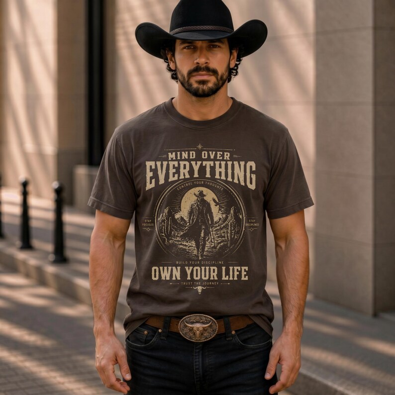May include: A man wearing a black cowboy hat and a brown t-shirt with the text "MIND OVER EVERYTHING" and "OWN YOUR LIFE". The shirt features a graphic of a cowboy in a desert landscape. He is also wearing a brown belt with a decorative buckle.