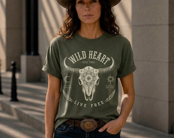 Wild Heart Skull T-Shirt, Western Boho Cowgirl Tee, Bull Skull Graphic Shirt, Vintage Western Shirt, Comfort Colors 1717 Pepper Tee