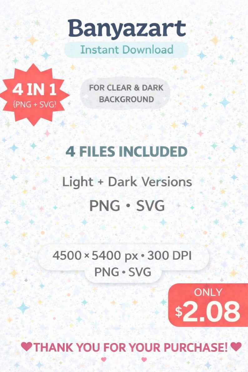 Puede incluir: Imagen promocional de Banyazart para descarga instant&aacute;nea. Indica "4 EN 1" (PNG + SVG) e incluye "4 ARCHIVOS INCLUIDOS" con versiones claras y oscuras. Las dimensiones de la imagen son 4500 x 5400 px a 300 DPI.