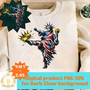 Puede incluir: Sudadera de color crema con un gr&aacute;fico de la Estatua de la Libertad en rojo, blanco y azul, pateando una corona dorada. El dise&ntilde;o incluye el texto "Digital product PNG/SVG for Dark/Clear background."