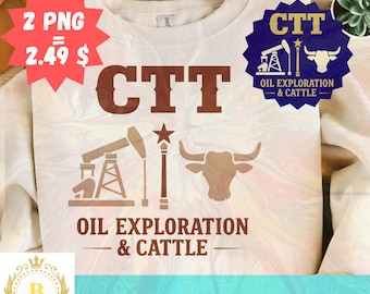 Paquete PNG de exploración petrolera y ganadería, 2 PNG de descarga instantánea, diseño claro y oscuro, gráfico vintage de la industria petrolera de un rancho petrolero occidental.