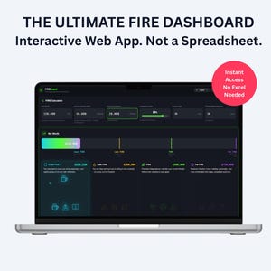 May include: A silver laptop shows a dark-themed interactive web app dashboard. The screen displays financial data with green and blue accents. Text at the top reads "THE ULTIMATE FIRE DASHBOARD Interactive Web App. Not a Spreadsheet." A red circle says "Instant Access No Excel Needed."