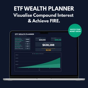 May include: A laptop screen displays the "ETF Wealth Planner" interface, visualizing compound interest and financial goals. The screen shows financial data, including starting capital, total savings, and future portfolio value, with a green growth chart. A green circle says "Watch Your Money Grow."