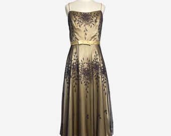 Vintage Y2K Dollar Gold satin mesh overlay beaded floral bow dress Gilmore M