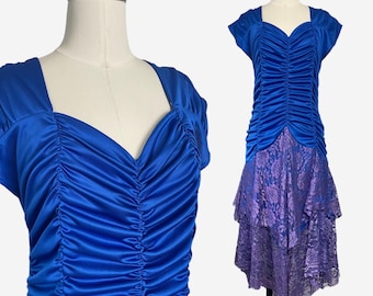 Vintage 70s/80s Isadora Cobalt blue ruched drop waist asymmetric lace dress S/M