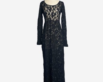 Vintage 90s Betsey Johnson Black Sheer Lace Maxi dress whimsigoth medieval S/M