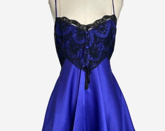 Vintage 90s Amelia’s Royal purple blue satin black sheer lace chemise lingerie S