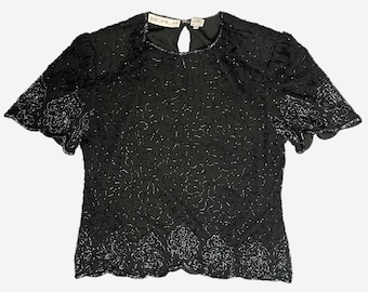 Vintage Scala Black silk short sleeve beaded floral top formal party L/XL