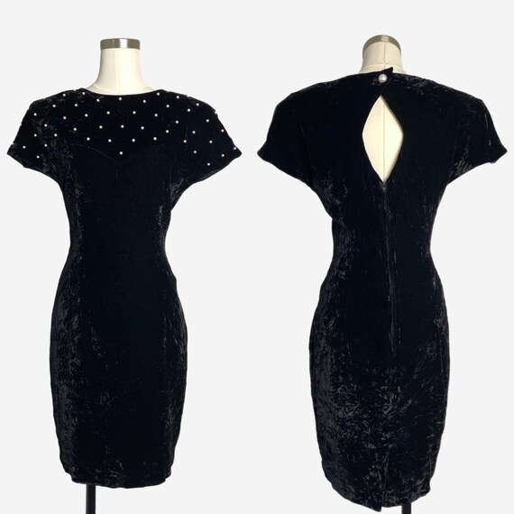 Vintage Donna Ricco Black Velvet with pearl detail mini dress