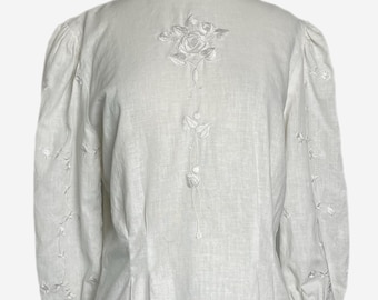 Vintage Donna Morgan White linen floral embroidered button blouse poetcore S