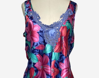 Vintage 90s California Dynasty Multicolored tropical floral lace trim cami M