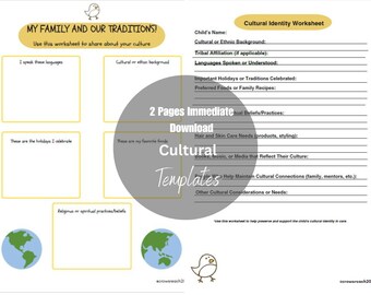 May include: A printable worksheet titled "My Family and Our Traditions!" with fill-in sections about culture, languages, holidays, and traditions. The worksheet also includes a "Cultural Identity Worksheet" with prompts for personal information.
