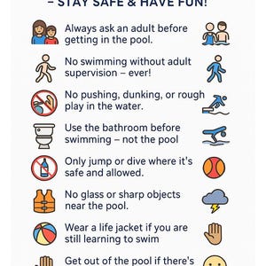 May include: A blue and white poster with pool safety rules. The text "POOL RULES - STAY SAFE & HAVE FUN!" is at the top. Icons illustrate rules like asking an adult, no rough play, and wearing a life jacket. The bottom has the text "Follow directions from adults right away."
