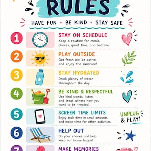 Op de afbeelding: Een kleurrijke poster met de titel SUMMER RULES met zeven genummerde punten met iconen zoals een klok, zon, waterfles, emmer, telefoon, strandstoel en ijsje. De tekst bevat HAVE FUN, BE KIND, STAY SAFE en GOOD DAYS, TAN LINES, HAPPY MINDS.