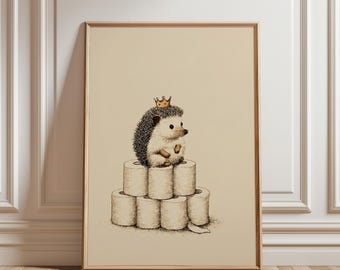 Cute Bathroom Wall Art, Hedgehog on Toilet Roll Print, Whimsical Storybook Animal Decor, Kids Powder Room Poster